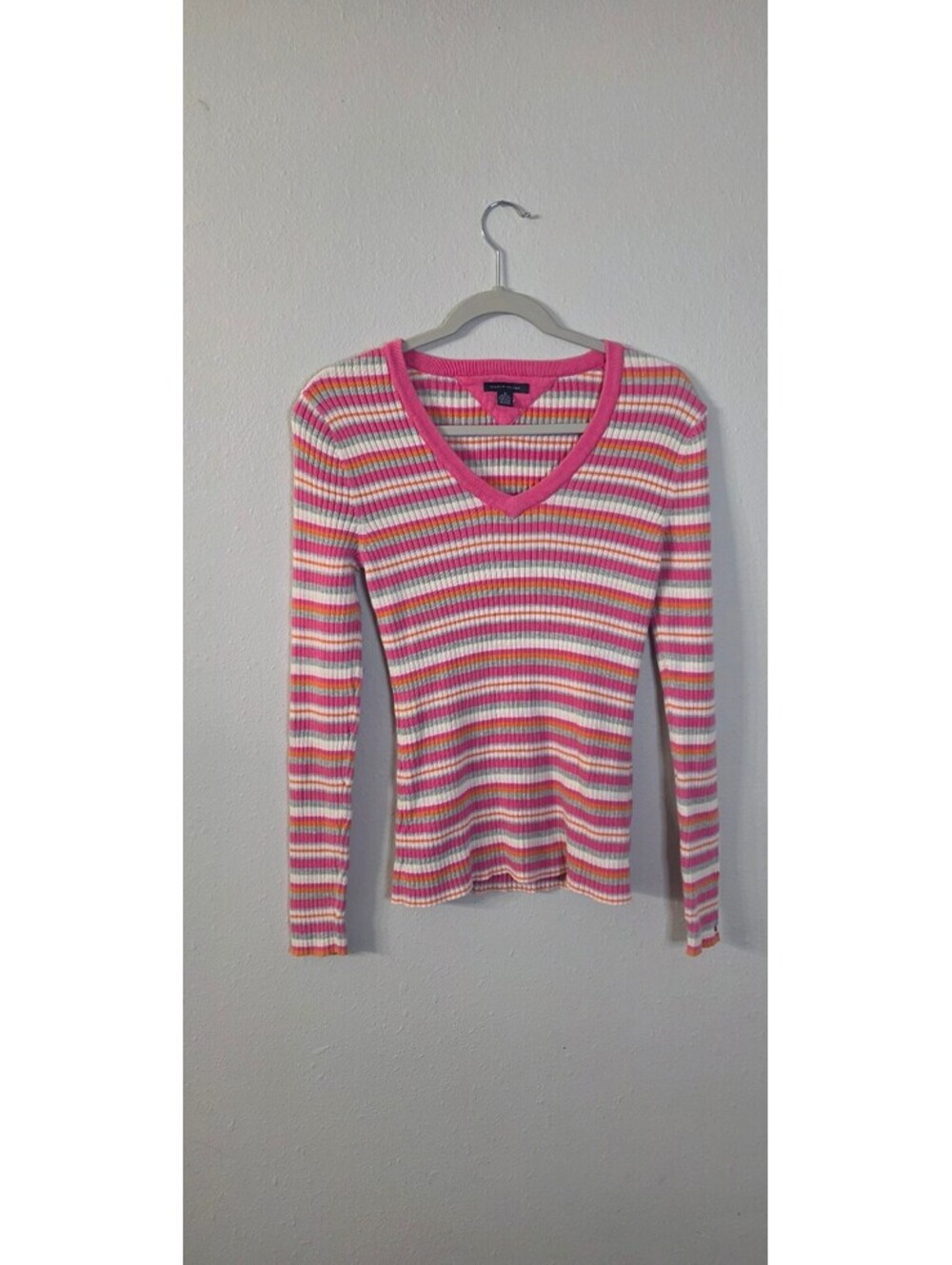 Tommy Hilfiger Women's M Striped Ribbed V-Neck Sweater Cotton